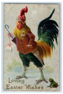 c1910's Anthropomorphic Rooster Spectacle Frog Embossed Posted Easter Postcard - Image 1 of 2