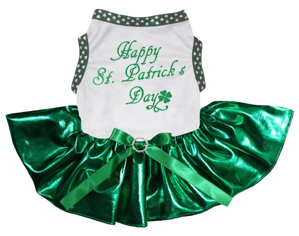 Happy St.Patrick's Day White Cotton Top Bling Green Tutu Pet Dog Puppy Dress - Image 1 of 1