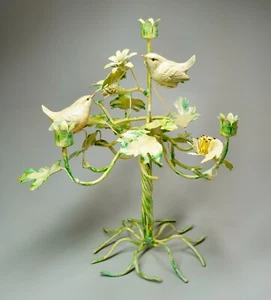 Vintage Petite Choses Painted Metal 4 Light Candelabra 2 Birds Floral 14" High - Picture 1 of 13