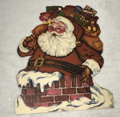 Cartolina de Natal vintage cortada em molde decoração de parede Papai Noel chaminé saco de brinquedos - Imagem 1 de 4