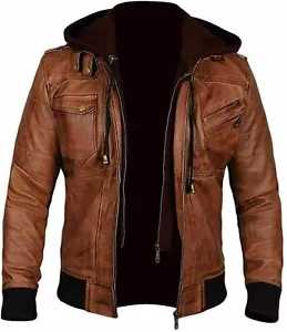 Mens Vintage Brown Motorcycle Hooded Biker Bomber Cafe Racer Real Leather Jacket - Picture 1 of 6