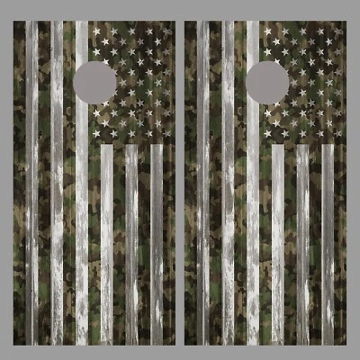 Camouflage American Flag Gray Wood Design Cornhole Board Decal Wraps - Image 1 of 3
