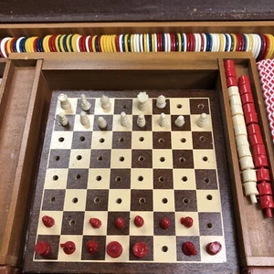 E.S. vintage Juego de Viaje Lowe Chess Backgammon Peg - Backgammon de Cuero de Madera - Imagen 1 de 11