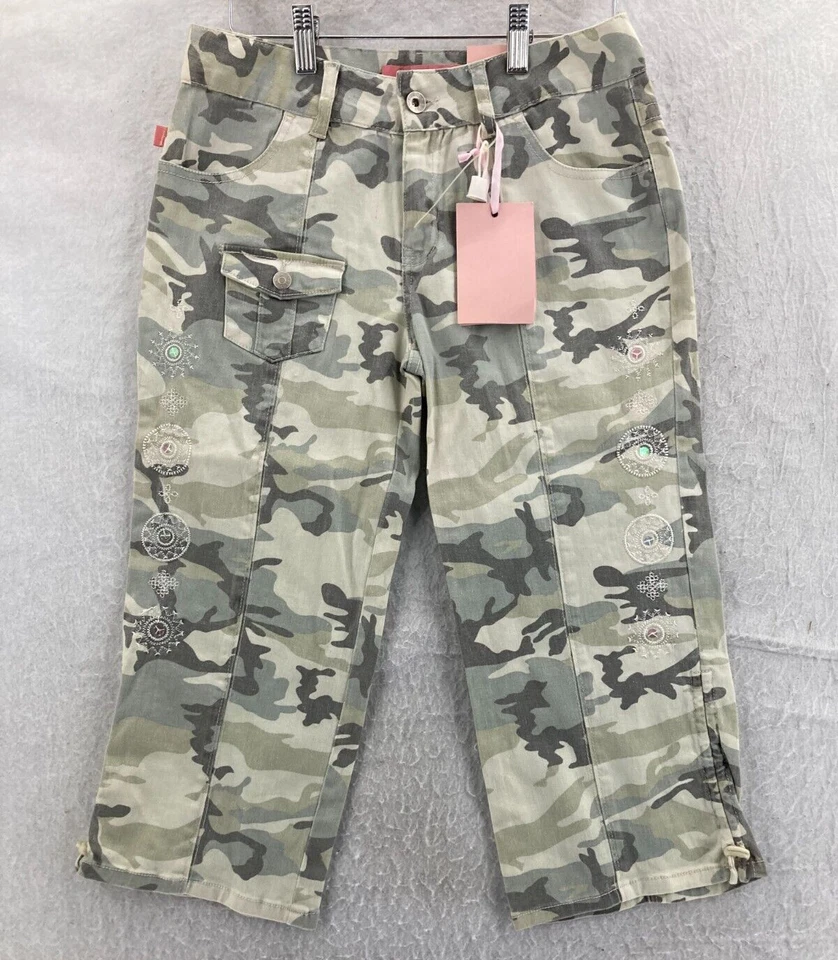 Calça Bongo YOUTH 16 Verde Camuflagem Capri Bordada Elástica Nova Com Etiqueta - Imagem 1 de 4