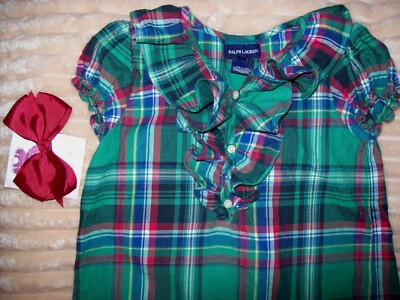 Girl Sz. 5: PLAID RUFFLED ~Ralph Lauren~ A-LINE Puff Sleeve DRESS & New Hairbow - Image 1 of 4