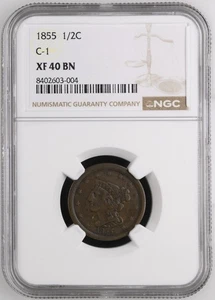 1855 Half Cent 1/2c NGC XF-40 BN C-1 - Picture 1 of 2