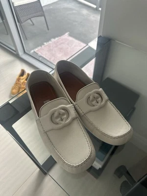 Gucci Mens Interlocking G Monogram Leather Driver Loafer 730148 (White/Cream) - Image 1 of 4