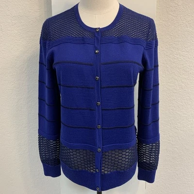 Cárdigan Semi Transparente Colección St. John Azul Real Rayas Botón Suéter S LEER Foto 1 de 4