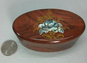 Vtg Inlay Flower Abalone Shell Lacquer Wood Asian Trinket Jewelry Hinged Box - Picture 1 of 19
