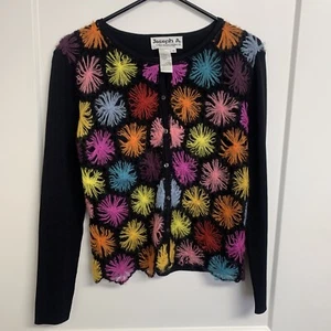 VTG Joseph A Appliqué Sweater Black Floral Cardigan Top Viscose Mohair Blend M - Picture 1 of 10