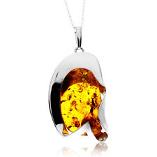 925 Sterling Silver & Genuine Cognac Baltic Amber Unique Exclusive Pendant w