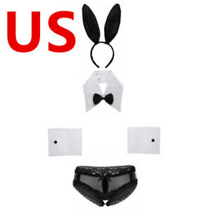 US Womens Costume 4Pcs Bunny Rabbit Ears Headband Bow Tie Cuff with Faux Leather
