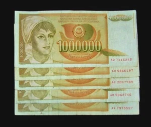5 pcs x 1 Million Yugoslavia Dinara Banknotes-P-99 / 1989 / Rare / currency - Picture 1 of 2