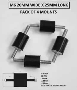 4x Supporti Bobina Antivibrazioni Gomma 20mm D x 25mm Lunghi M6 Uomo Auto Kart Barca - Foto 1 di 1