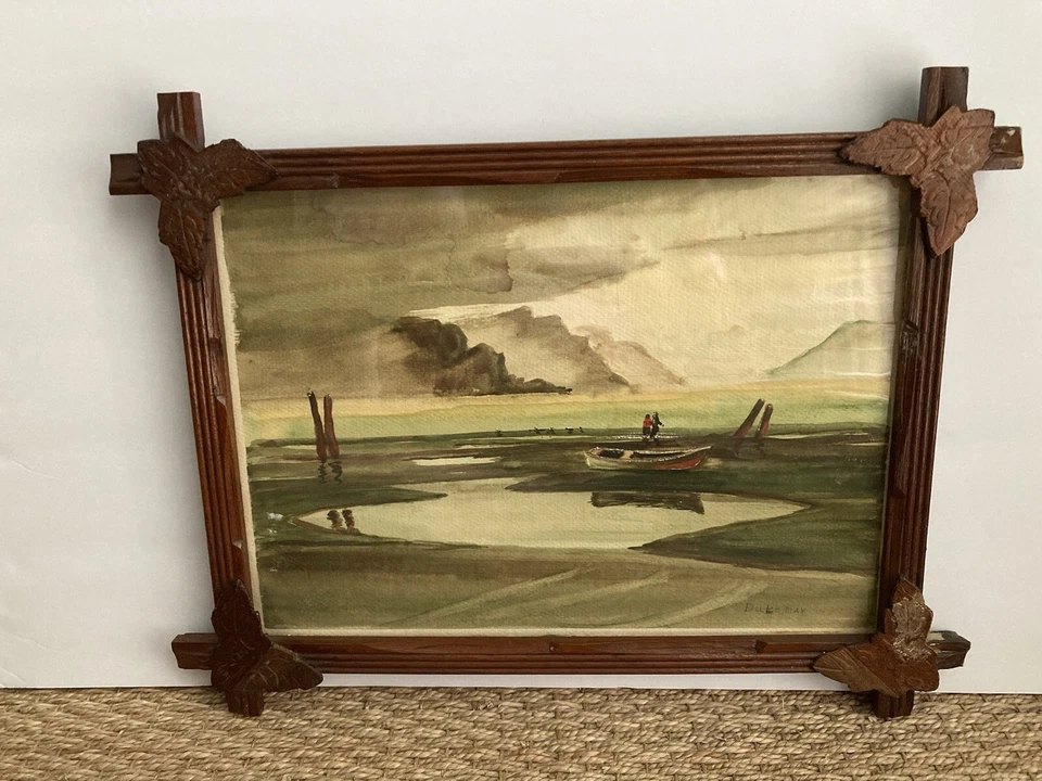 Antique Black Forest Frame w Signed Watercolor Painting Walnut Adirondack Crafts - Image 1 of 4