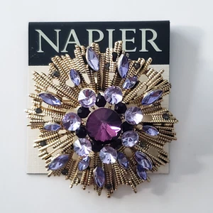 Napier Textured Gold Tone Purple Rhinestone Round Brooch Pin Signed NEW - Picture 1 of 4