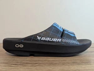 OOFOS OOahh Bauer Recovery Sandals Black Blue Slides Men's Size 4 Women's Size 6 - Picture 1 of 14