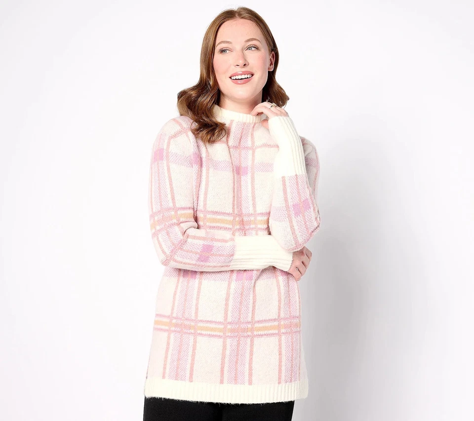 Isaac Mizrahi Live! Suéter túnica regular Soho Jumbo a cuadros Orchid Haze 3X nuevo Foto 1 de 2