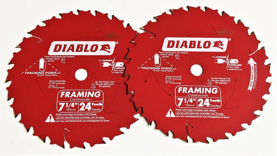 2 DIABLO 7-1/4" CARBIDE TIP CIRCULAR SAW BLADES 24T 24 TOOTH FRAMING D0724 FREUD