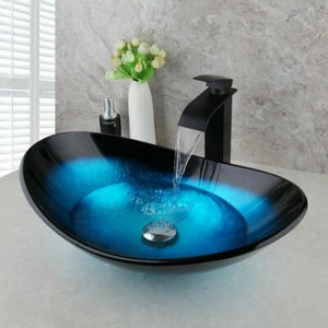 US Oval Blue Bathroom Glass Basin Vessel Sink Black Mixer Faucet Waste Drain Set - Picture 1 of 10