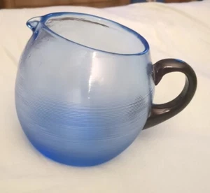 BLUE Threaded URANIUM Art Glass Pitcher Black Handle Carafe V. DURAND? CZECH? - Picture 1 of 11