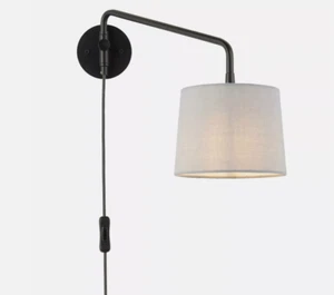 Carlson Short Swing Arm Wall Lamp in Matt Black & Light Grey Shade - Picture 1 of 3