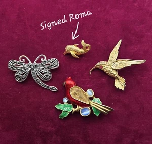 Vintage Set Of 4 Animal Brooch Pins - Hummingbird Cardinal Dragonfly & Dolphin - Picture 1 of 6
