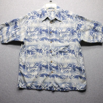 Caribbean Roundtree & Yorke Mens M Hawaiian Silk Shirt  Blue Floral Bamboo AOP - Image 1 of 4