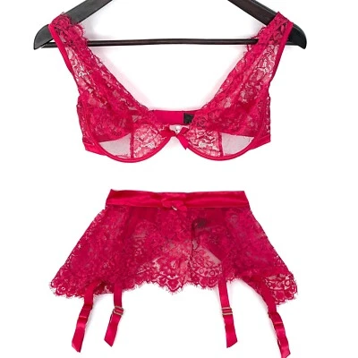 Honey Birdette Lingerie Set Bra Size 14DD Suspender Sz M Red Sheer Lace Crystal - image 1 of 4