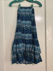 Girls Feathers Blue Floral Size L Summer Dress Gathered Front Double Ruffle(A621 - Picture 1 of 8