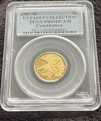 Золотая памятная монета номиналом 5 долларов 1987-W Constitution пруф PR69DCAM PCGS - Изображение 1 из 3