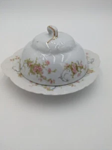 Porcelain Butter Dish Round Pink Floral Hutschenreuther Racine Bavaria 1960s - Picture 1 of 6