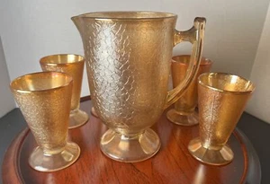 Pitcher and 6 Footed Cups Jeanette Marigold Crackle Carnival Glass Beverage Set - Picture 1 of 17