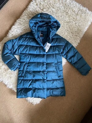 Zara Duck Blue /teal Puffer Hooded Coat Size S UK10 # P1 - Image 1 of 4