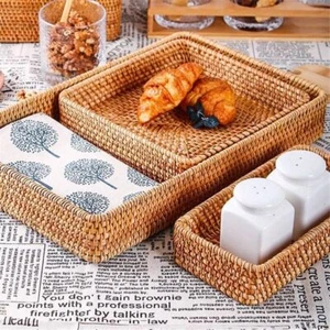 Hand Woven Storage Basket Rattan Tray Wicker Bread Fruit Food Breakfast Picnic - Picture 1 of 19