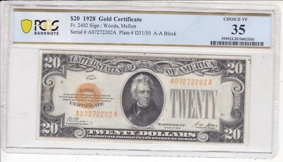 1928 $20 Gold Certificate Fr. 2402 PCGS 35 Serial A07272202A - Image 1 of 2