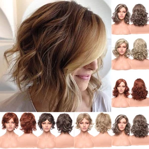 Medium Bouncy Curls Wig Ash Brown Blonde Auburn Full Wigs Synthetic Heat Resista - Picture 1 of 80