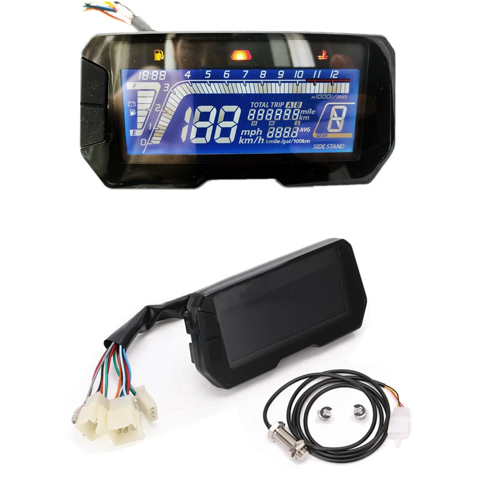 DC 12V Blue LCD Motorcycle Speedometer Odometer Tachometer with Sensor Cable - Image 1 of 4