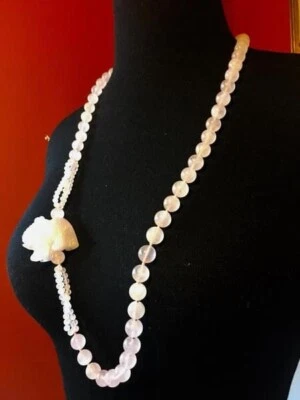 1738 Jade Necklace ICY COLD Antique Rose Pink Carved Elephant & Hand Tied Beads - Image 1 of 4