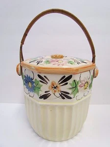 VINTAGE OLD JAPAN COOKIE JAR OR BISCUIT JAR WITH WICKER HANDLE - Picture 1 of 10