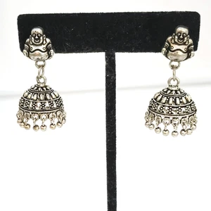 Silver Tone Buddha Drop Earrings Dome Open Work Post with Tiny Ball Dangle Trim - Picture 1 of 12