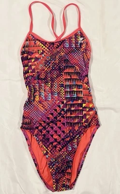 TYR Durafast One Piece Swimsuit Womens SIZE 32 Red Black Geometric Tie Back SWIM - Image 1 of 4