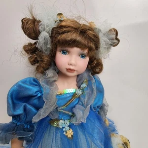 Ballerina with Teddy Bear 18" Dressed in Blue Satin & Tulle Porcelain Doll - Picture 1 of 14