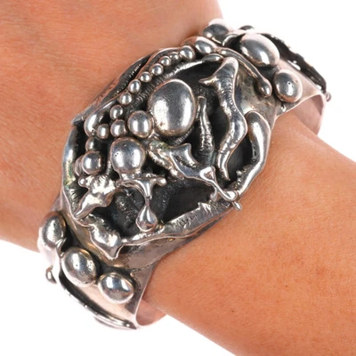 7" Jim Everitt Brutalist southwest sterling silver onyx/turquoise cuff bracelet - Image 1 of 4