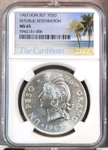 1963 DOMINICAN REPUBLIC SILVER 1 PESO NATIVE WOMAN BUST NGC MS 65 BEAUTIFUL GEM - Picture 1 of 3