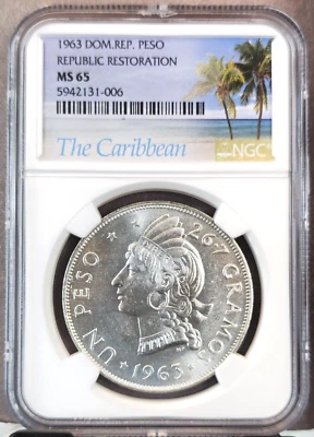 1963 DOMINICAN REPUBLIC SILVER 1 PESO NATIVE WOMAN BUST NGC MS 65 BEAUTIFUL GEM - Image 1 of 3