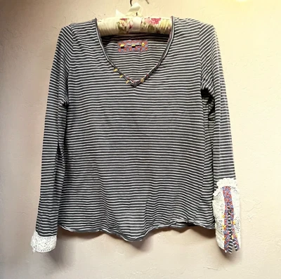 Top Anthropologie Pequeño Amarillo Botón Henley Rayas Manga Larga Pequeño Negro Foto 1 de 4