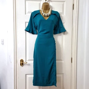 Sosandar Green Faux Wrap Style Dress New With Tag sz 12 Fit n Flare Ruffle Midi - Picture 1 of 10
