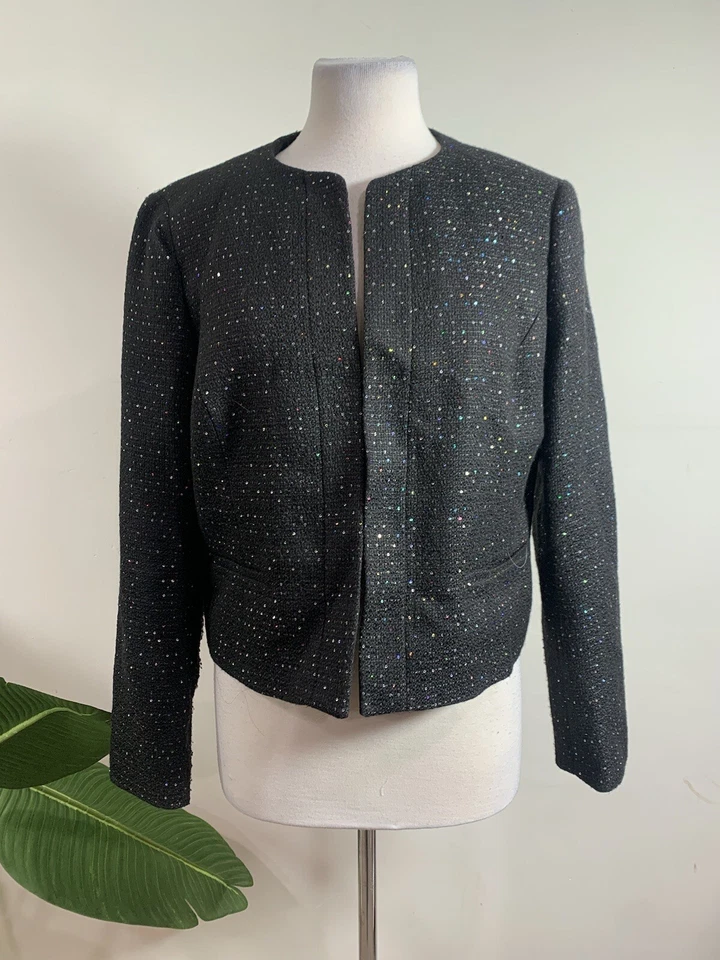 Blazer Nine West Negro Lentejuelas Frente Abierto, Talla 12 Foto 1 de 4