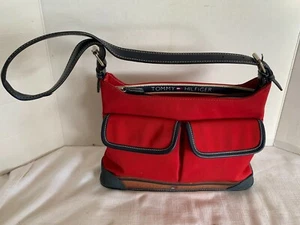 Tommy Hilfiger Red Canvas Handbag Adjustable Strap Two Pocket Red/Navy Trim Zip - Picture 1 of 11